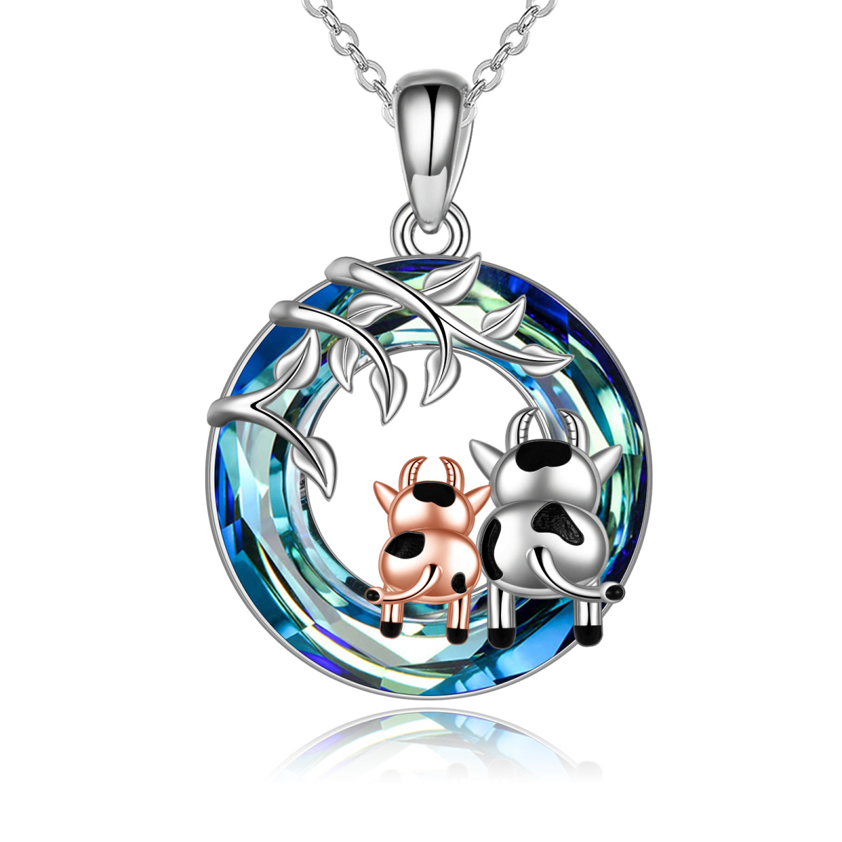 Sterling Silver Two-tone Circular Shaped Cow & Ivy Crystal Pendant Necklace-1