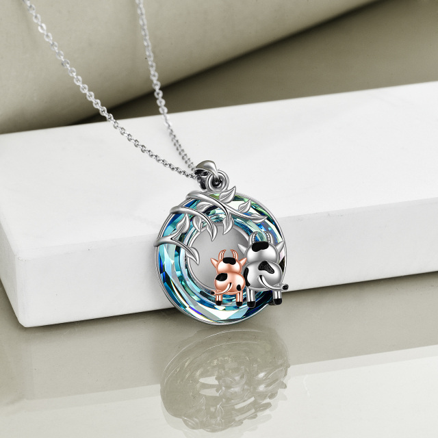 Sterling Silver Two-tone Circular Shaped Cow & Ivy Crystal Pendant Necklace-4