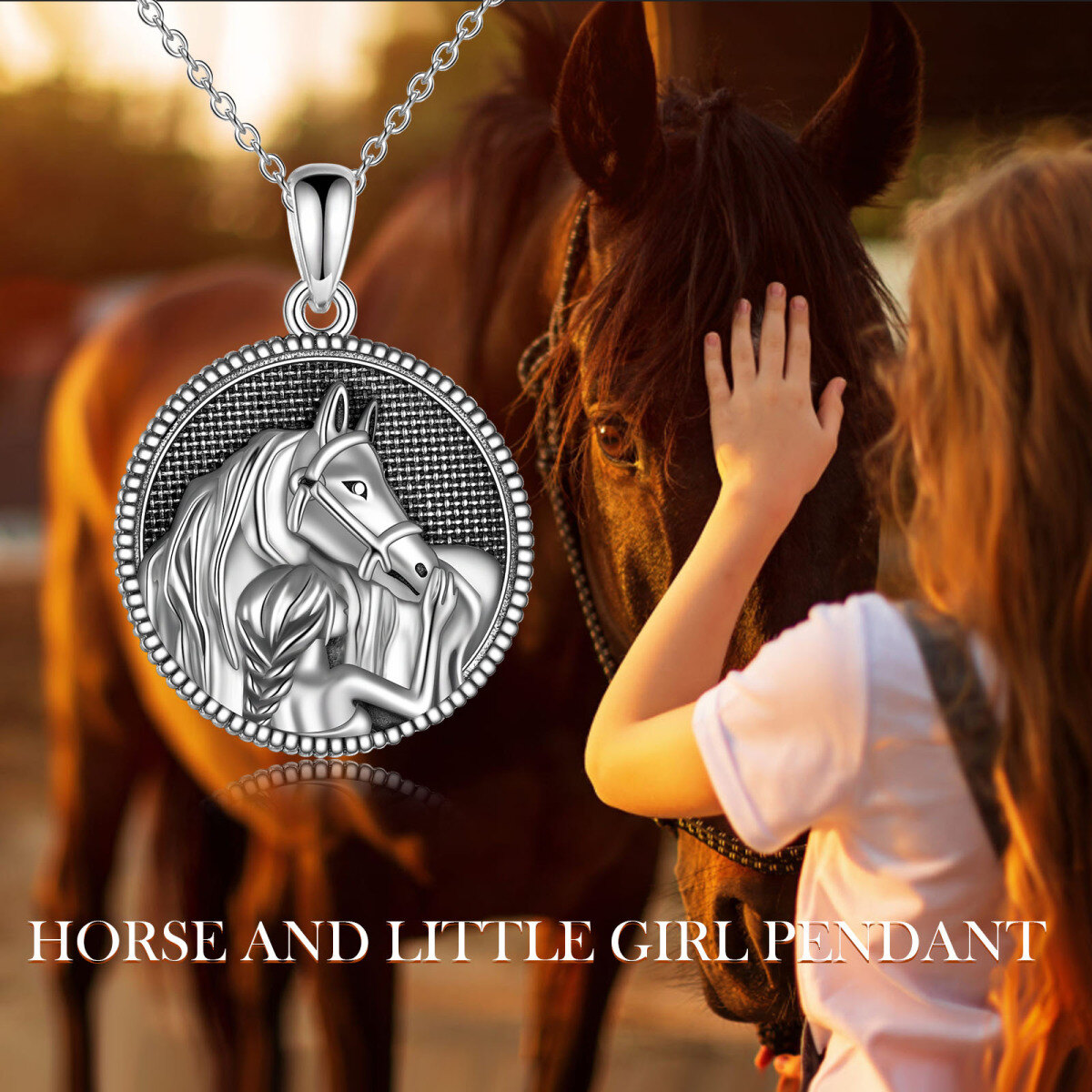 Sterling Silver Girl & Horse Round Pendant Necklace-6