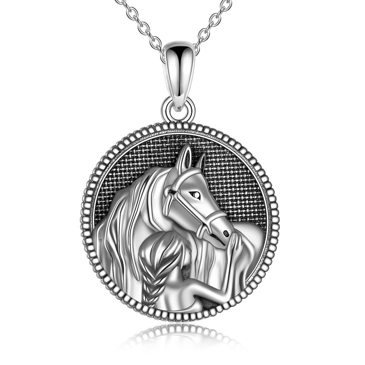 Collar de plata de ley con colgante redondo de chica y caballo-1