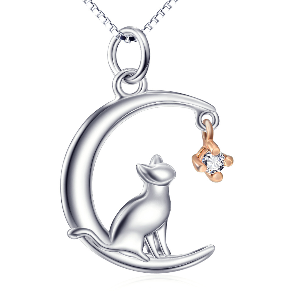 Sterling Silver Two-tone Cubic Zirconia Cat & Moon Pendant Necklace-1
