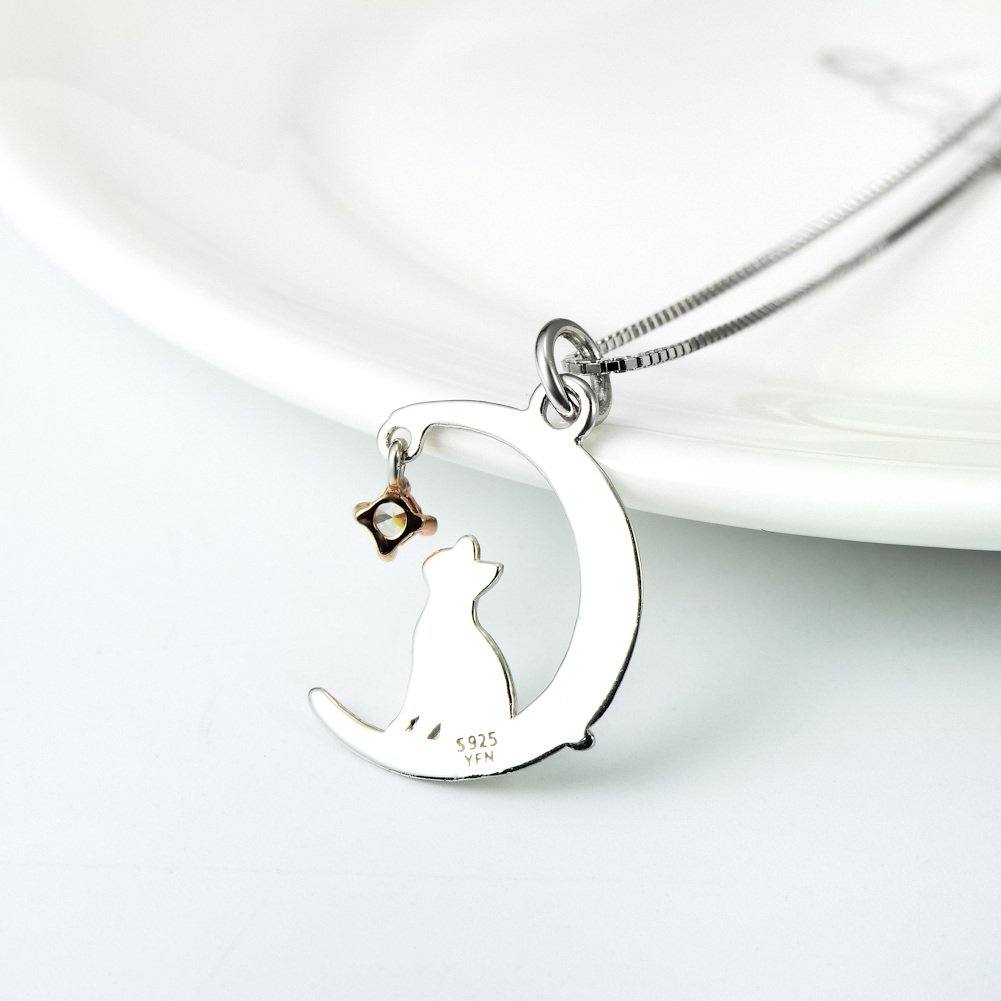 Sterling Silver Two-tone Cubic Zirconia Cat & Moon Pendant Necklace-4