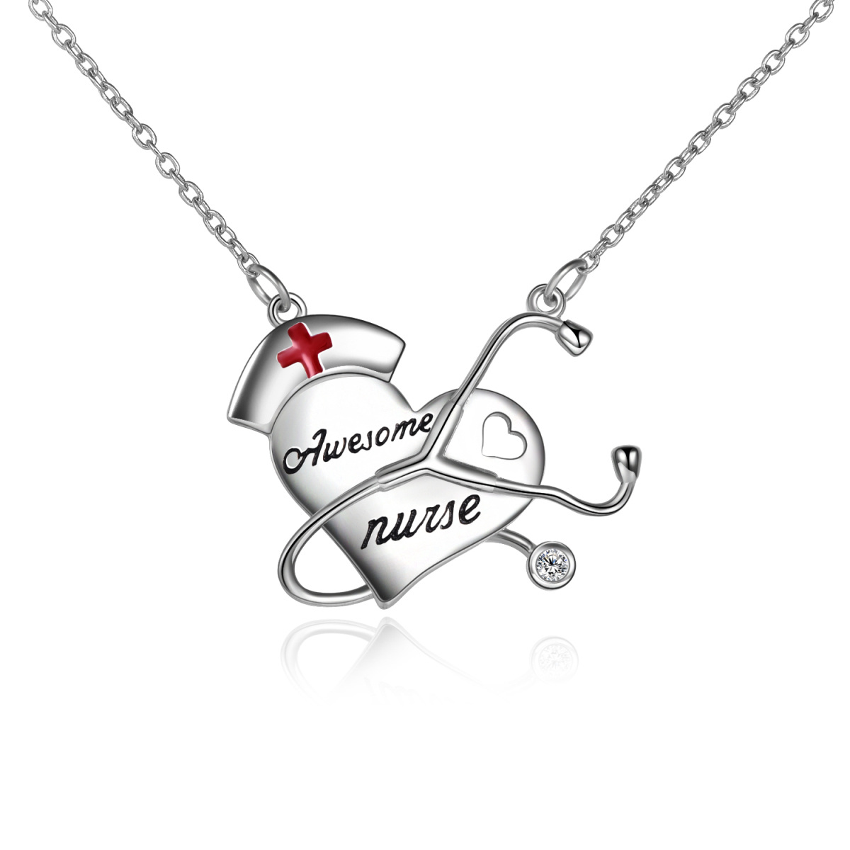 Sterling Silver Circular Shaped Cubic Zirconia Heart & Stethoscope Pendant Necklace-1