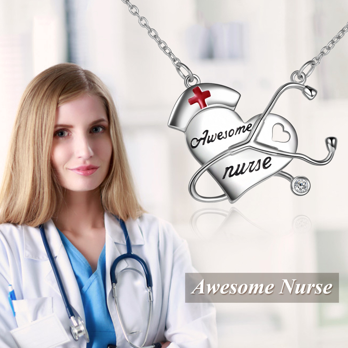Sterling Silver Circular Shaped Cubic Zirconia Heart & Stethoscope Pendant Necklace-5