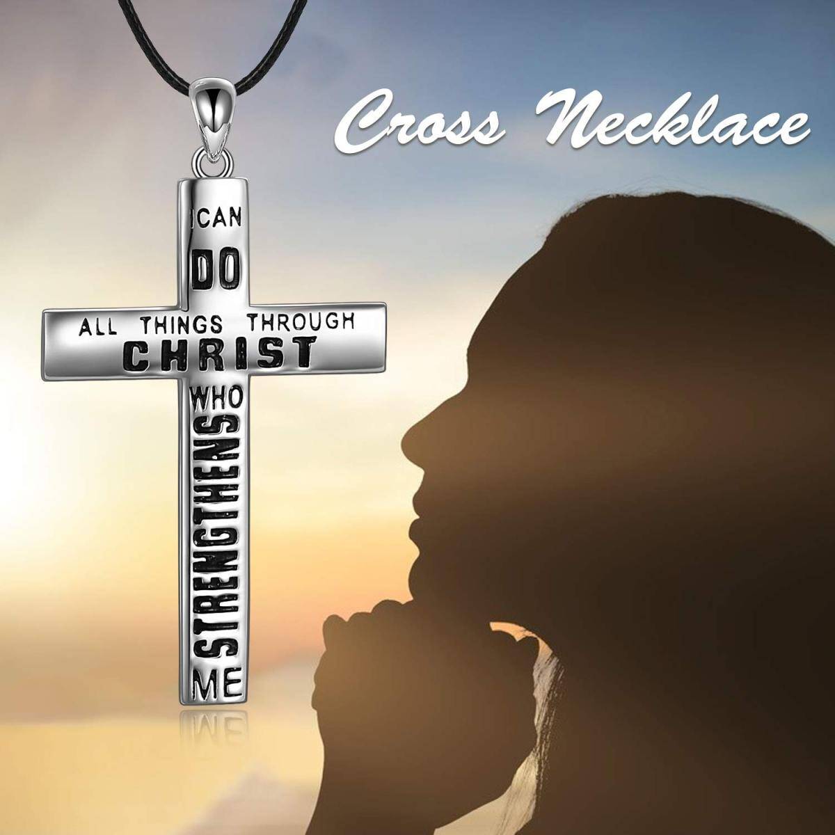 Sterling Silver Cross Pendant Necklace with Engraved Word-5