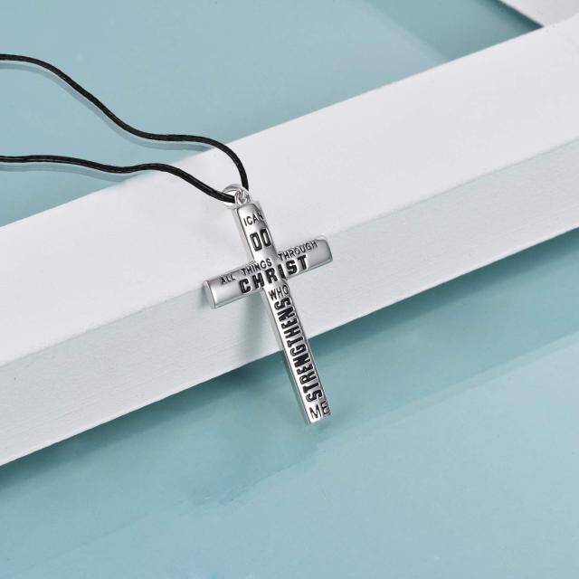 Sterling Silver Cross Pendant Necklace with Engraved Word-3