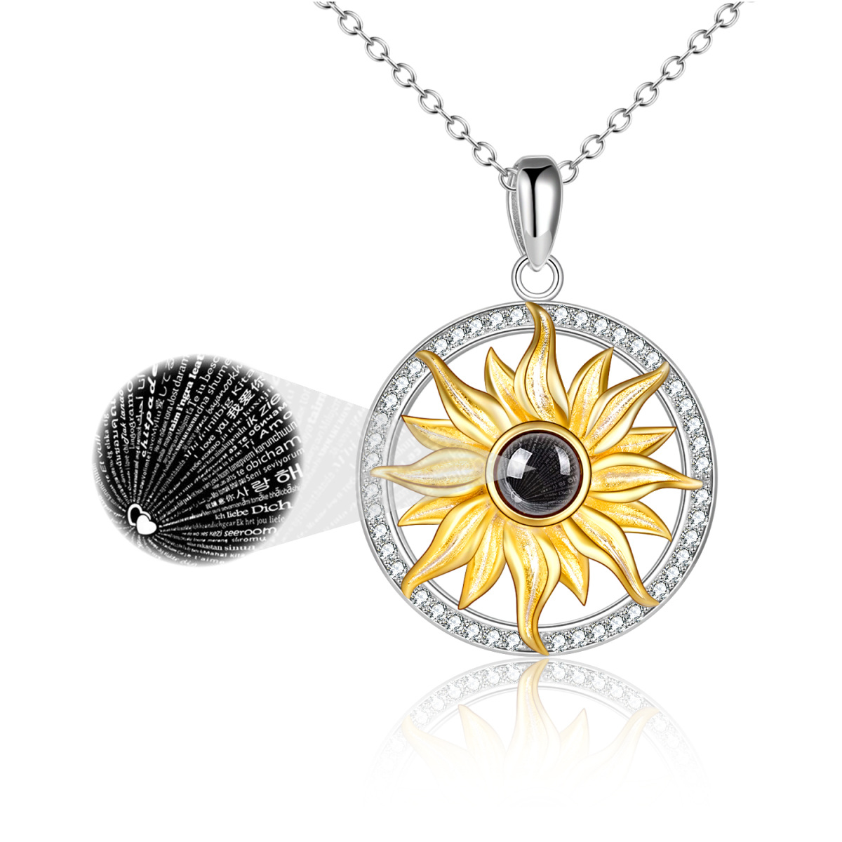 Sterling Silver Two-tone Projection Stone Sunflower Pendant Necklace-1