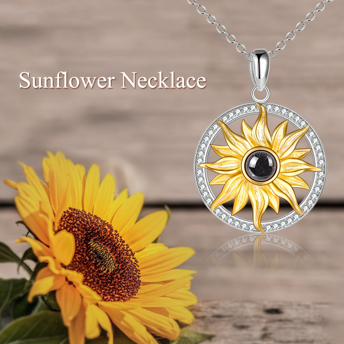 Sterling Silver Two-tone Projection Stone Sunflower Pendant Necklace-6