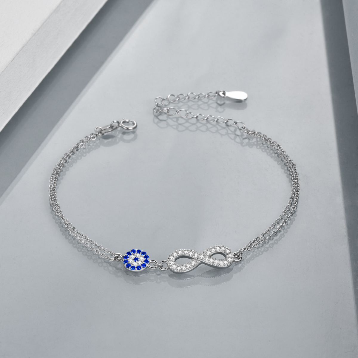 Sterling Silver Circular Shaped Cubic Zirconia Evil Eye & Infinite Symbol Pendant Bracelet-4