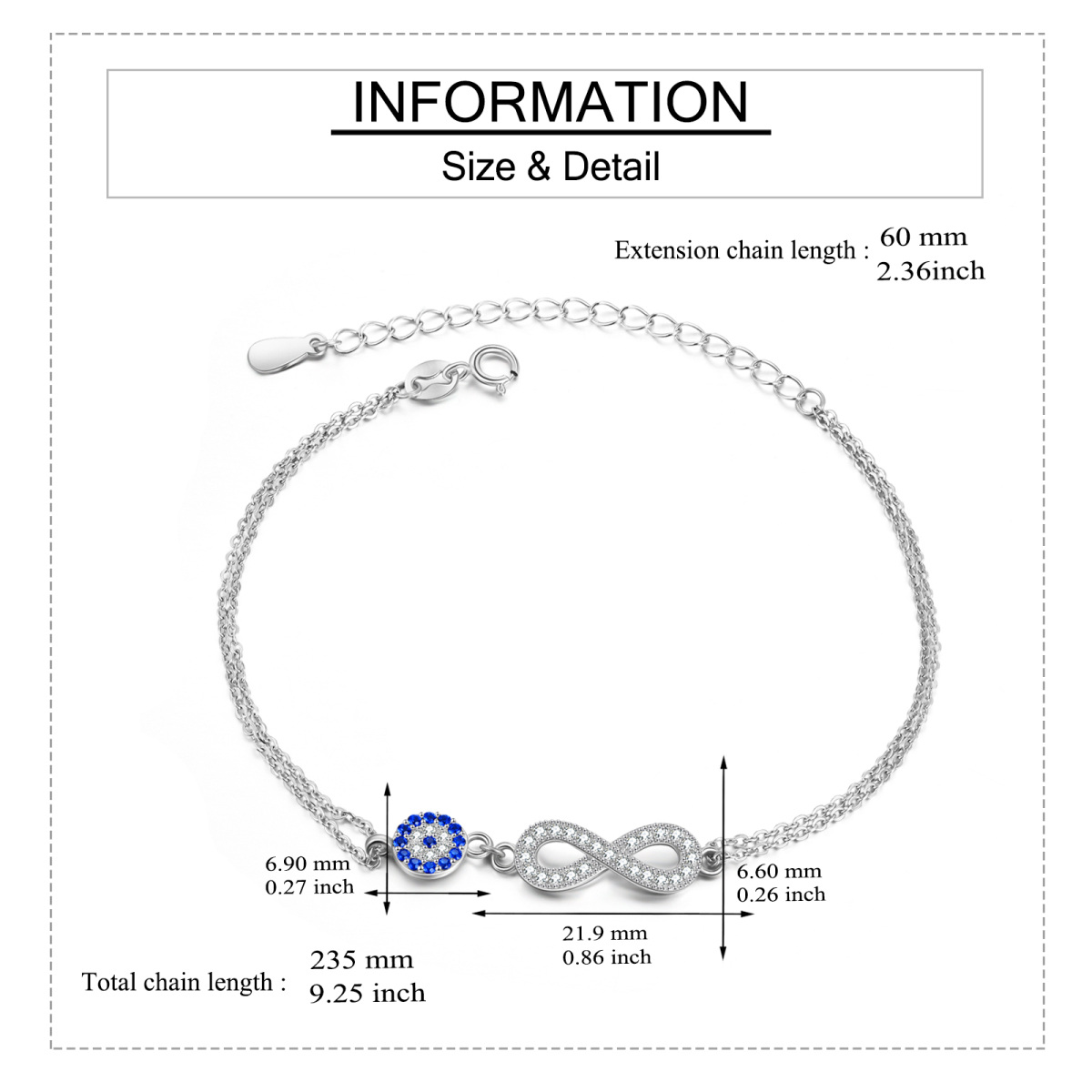 Pulsera colgante de plata de ley con forma circular y circonita y símbolo del infinito-5