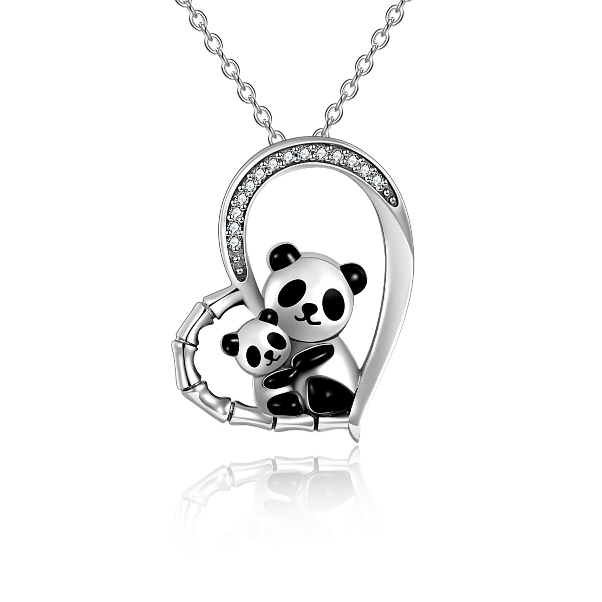 Sterling Silver Cubic Zirconia Panda & Electrocardiogram Pendant Necklace-1