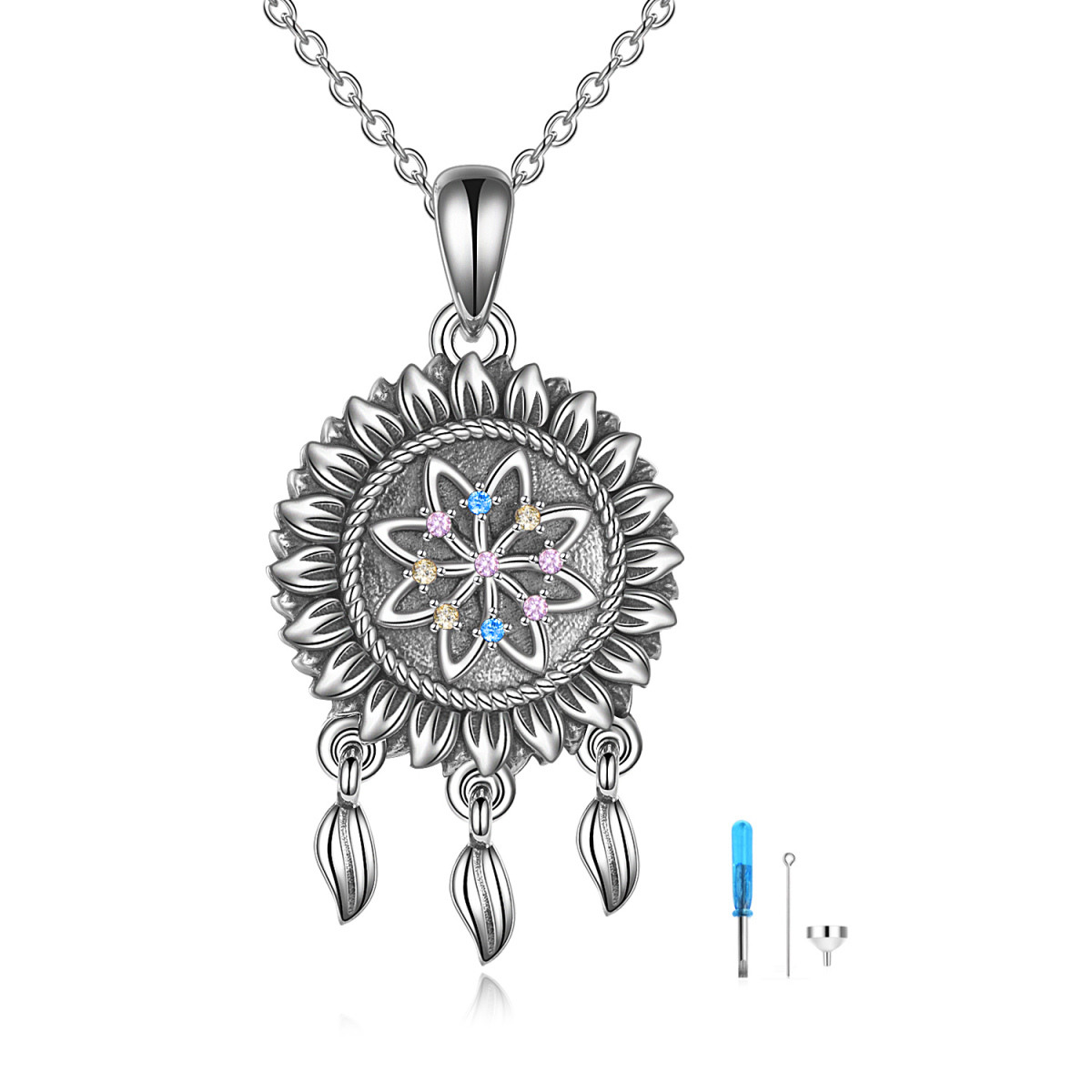 Sterling Silver Circular Shaped Cubic Zirconia Dream Catcher Urn Necklace for Ashes-1
