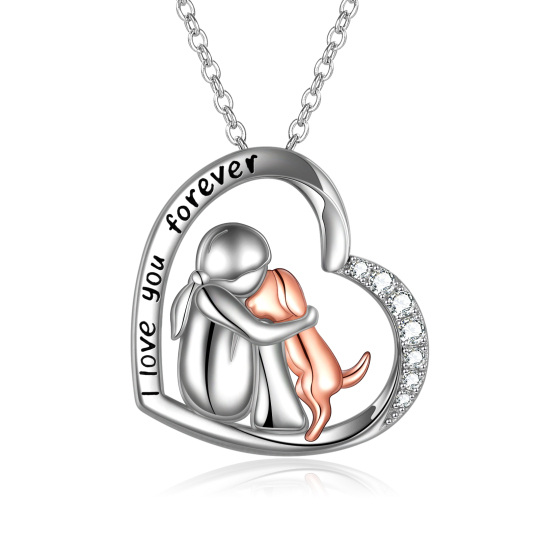 Sterling Silver Two-tone Cubic Zirconia Girl Hugs Dog Heart Pendant Necklace with Engraved Word
