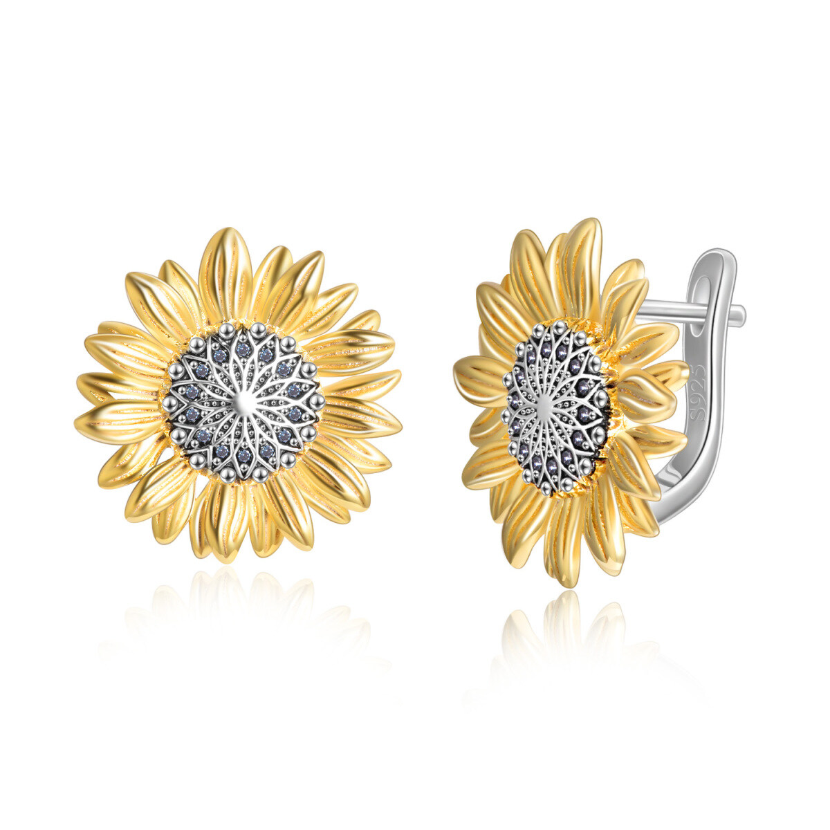 Sterling Silber Zwei-Ton-Sonnenblume Lever-Back-Ohrringe Geschenk für Sie-1