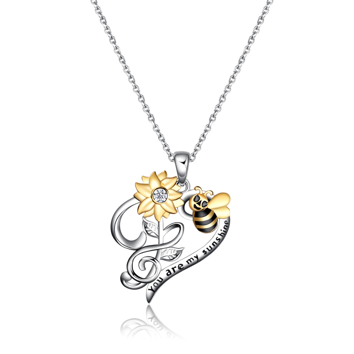 Sterling Silber zweifarbig Sonnenblume Biene & Herz Anhänger Halskette mit eingraviertem Wort-1
