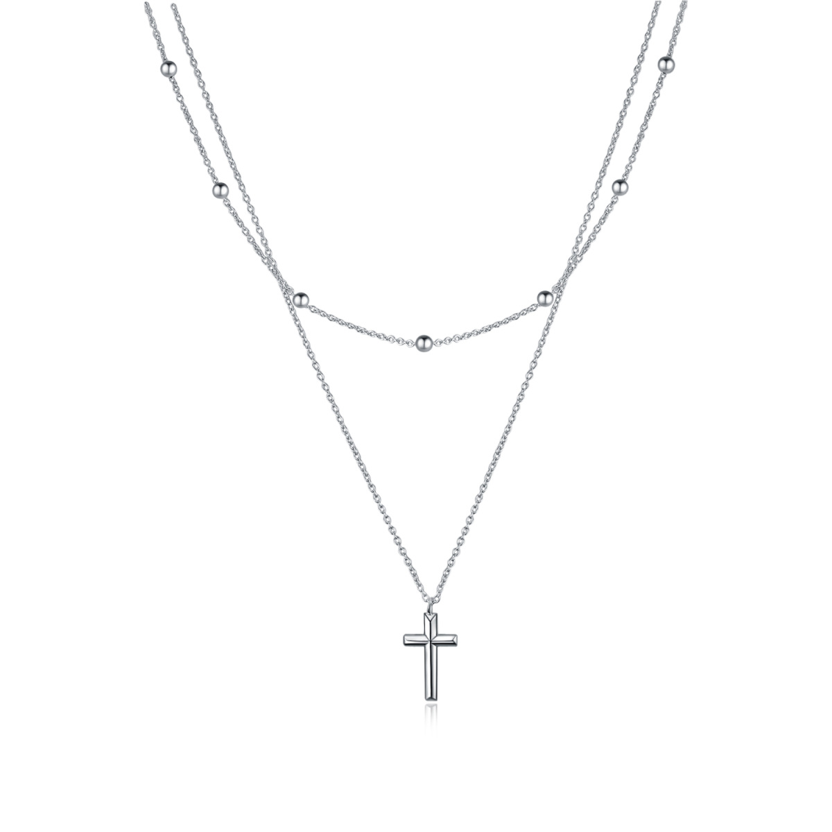 Sterling Silver Cross Pendant Double Layered Necklace with Bead Station Chain-1