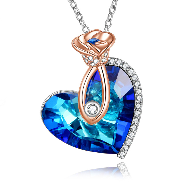 Sterling Silver Two-tone Heart Shaped Rose & Heart Crystal Pendant Necklace-1