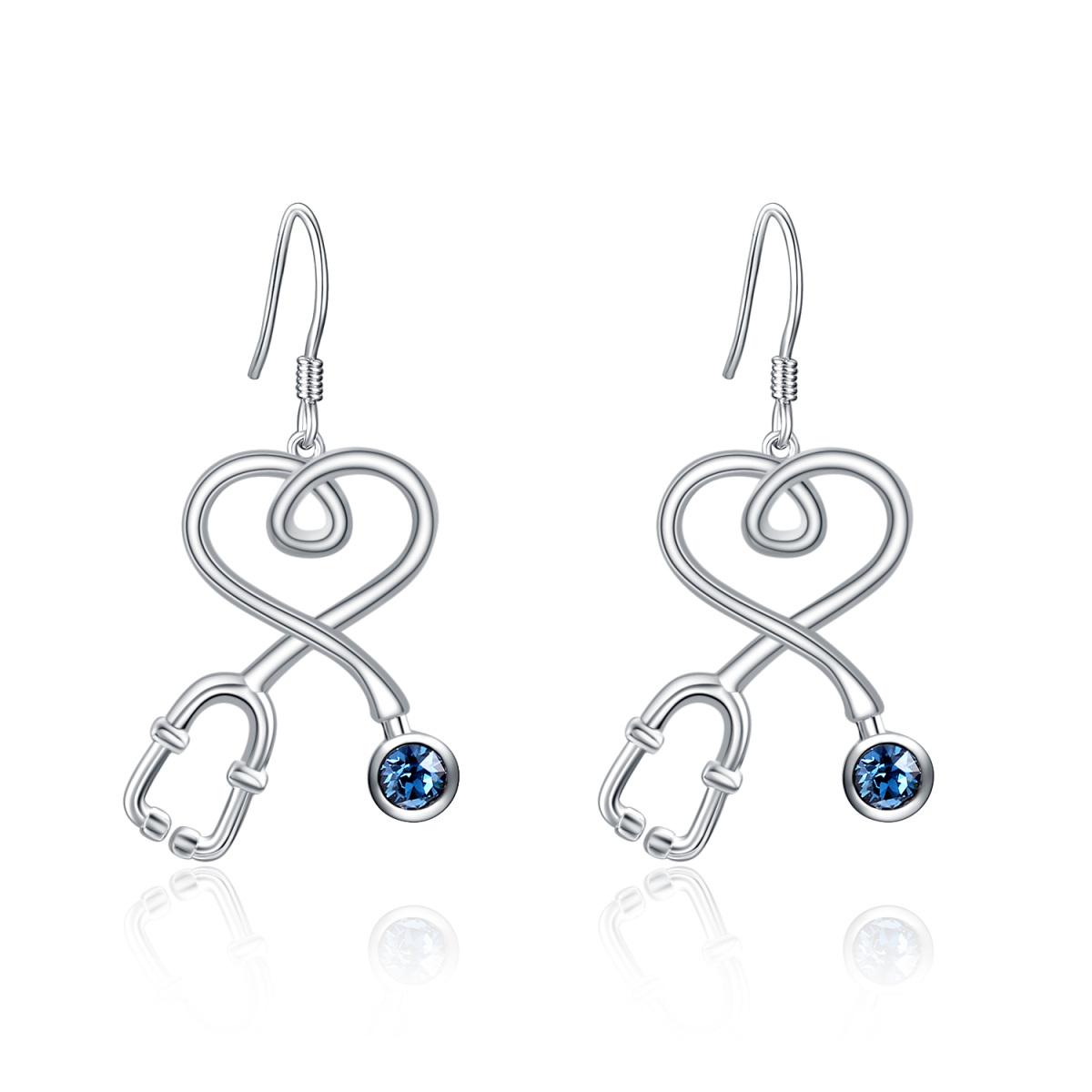 Sterling Silver Circular Shaped Blue Crystal Heart Stethoscope Drop Earrings-1
