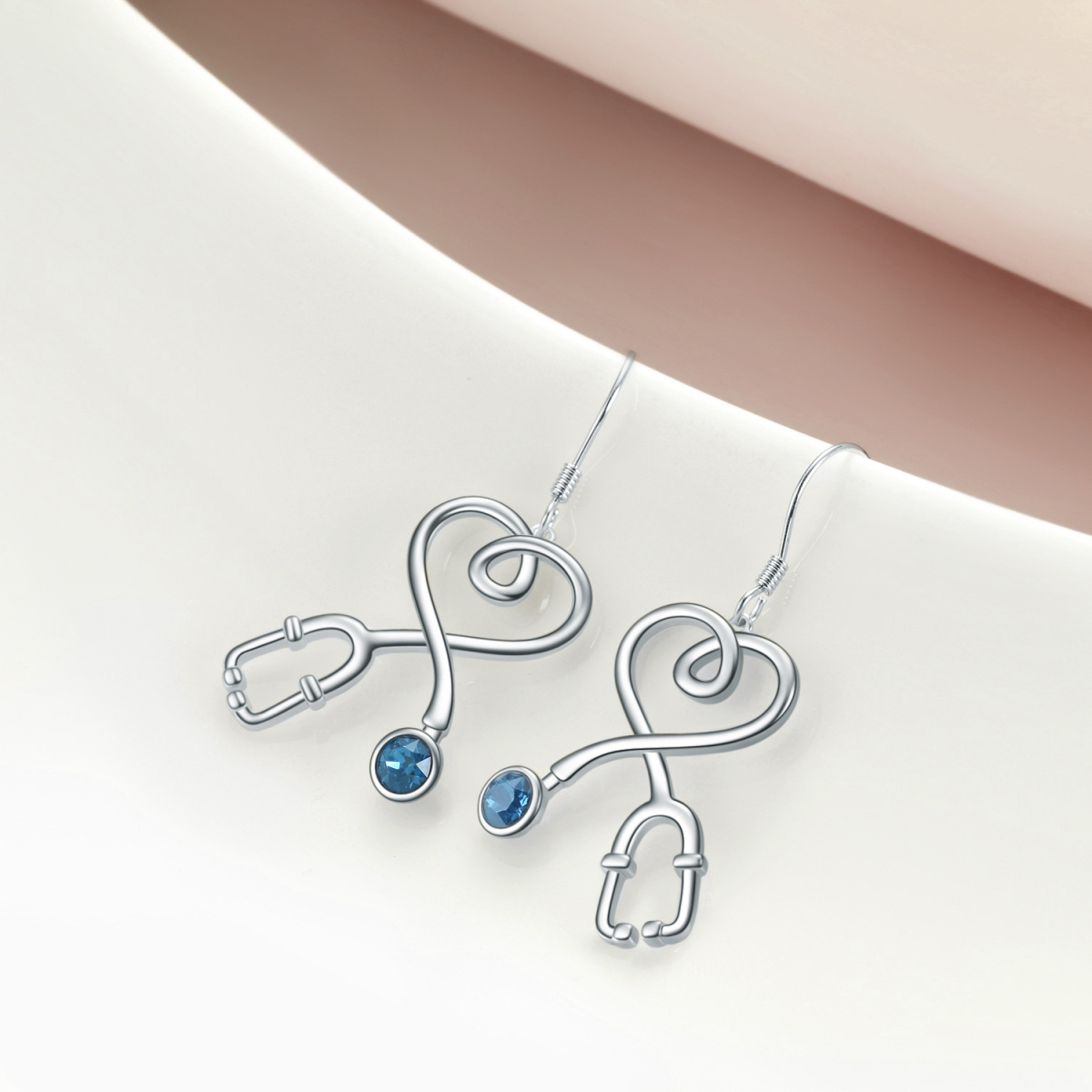 Sterling Silver Circular Shaped Crystal Heart & Stethoscope Drop Earrings-3