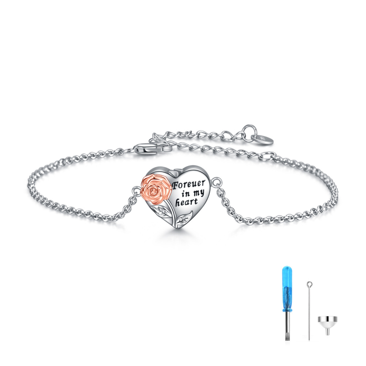Sterling Silver Rose & Heart Urn Bracelet for Ashes with Engraved Word-1