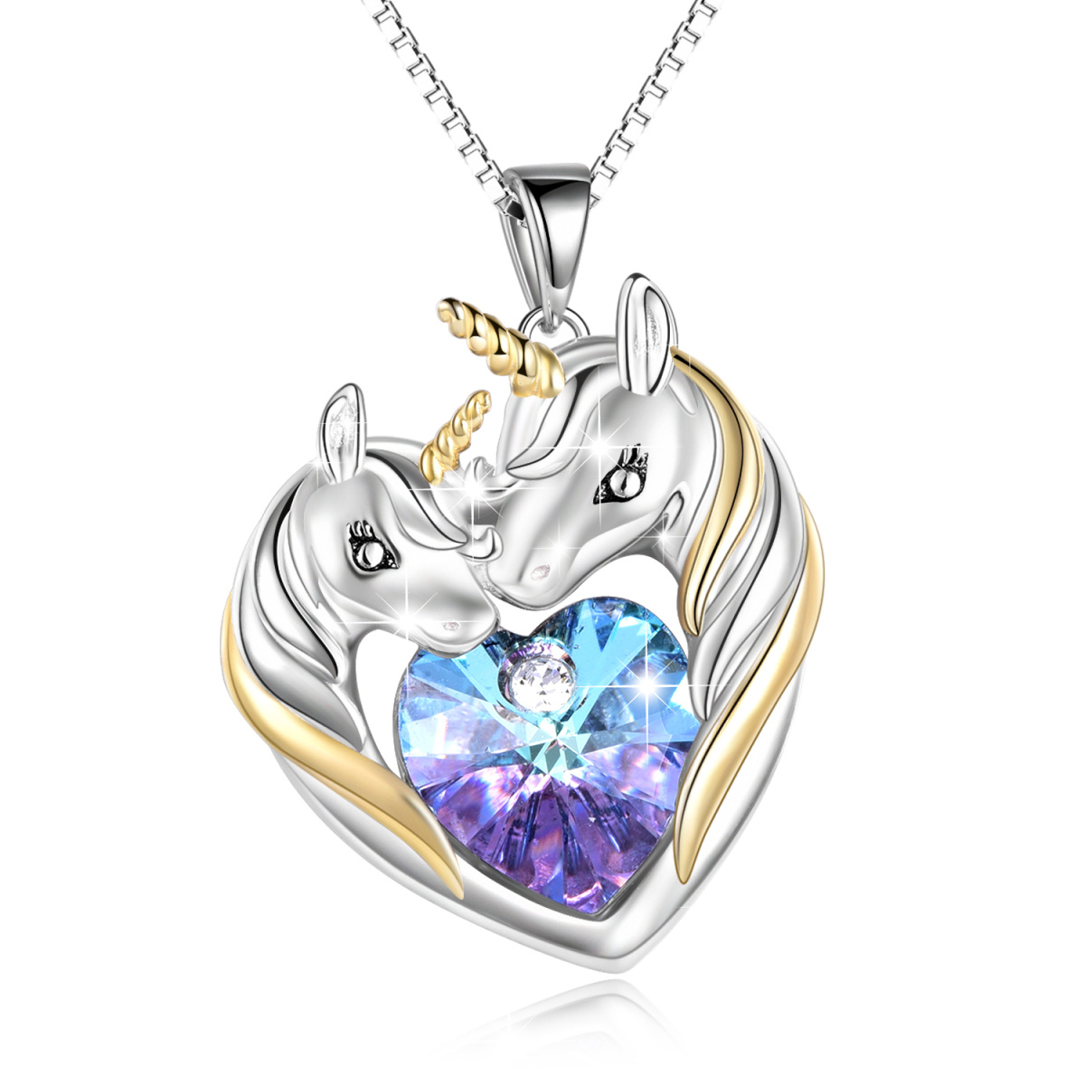 Sterling Silver Crystal Heart & Unicorn Pendant Necklace-1