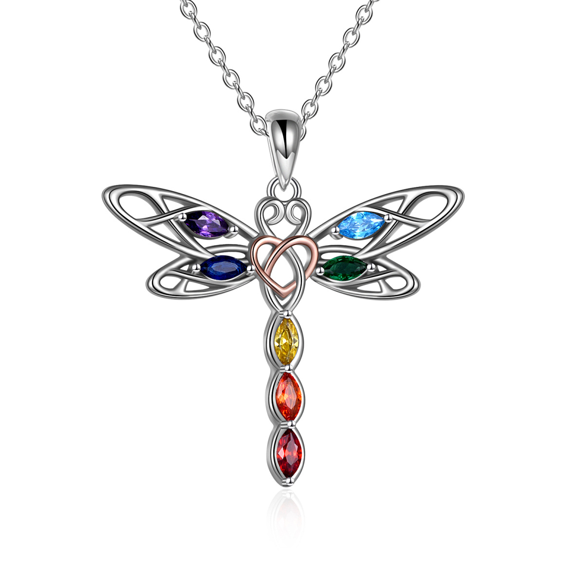 Sterling Silver Two-tone Cubic Zirconia Dragonfly & Celtic Knot Pendant Necklace-1