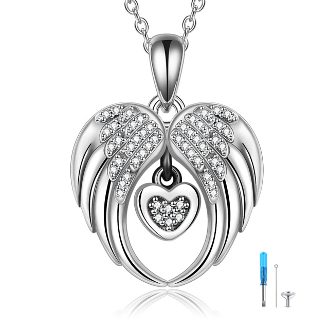 Sterling Silver Cubic Zirconia Angel Wing & Heart Urn Necklace for Ashes-1