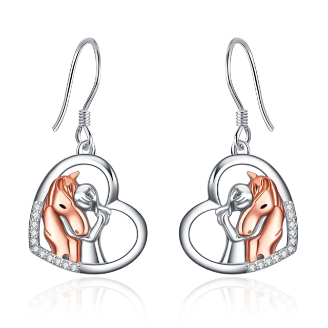 Sterling Silver Two-tone Cubic Zirconia Horse & Girl Heart Drop Earrings-1