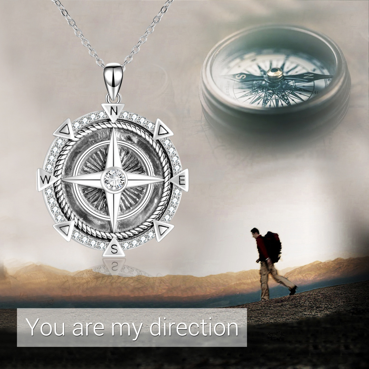 Sterling Silver Compass Pendant Necklace-6