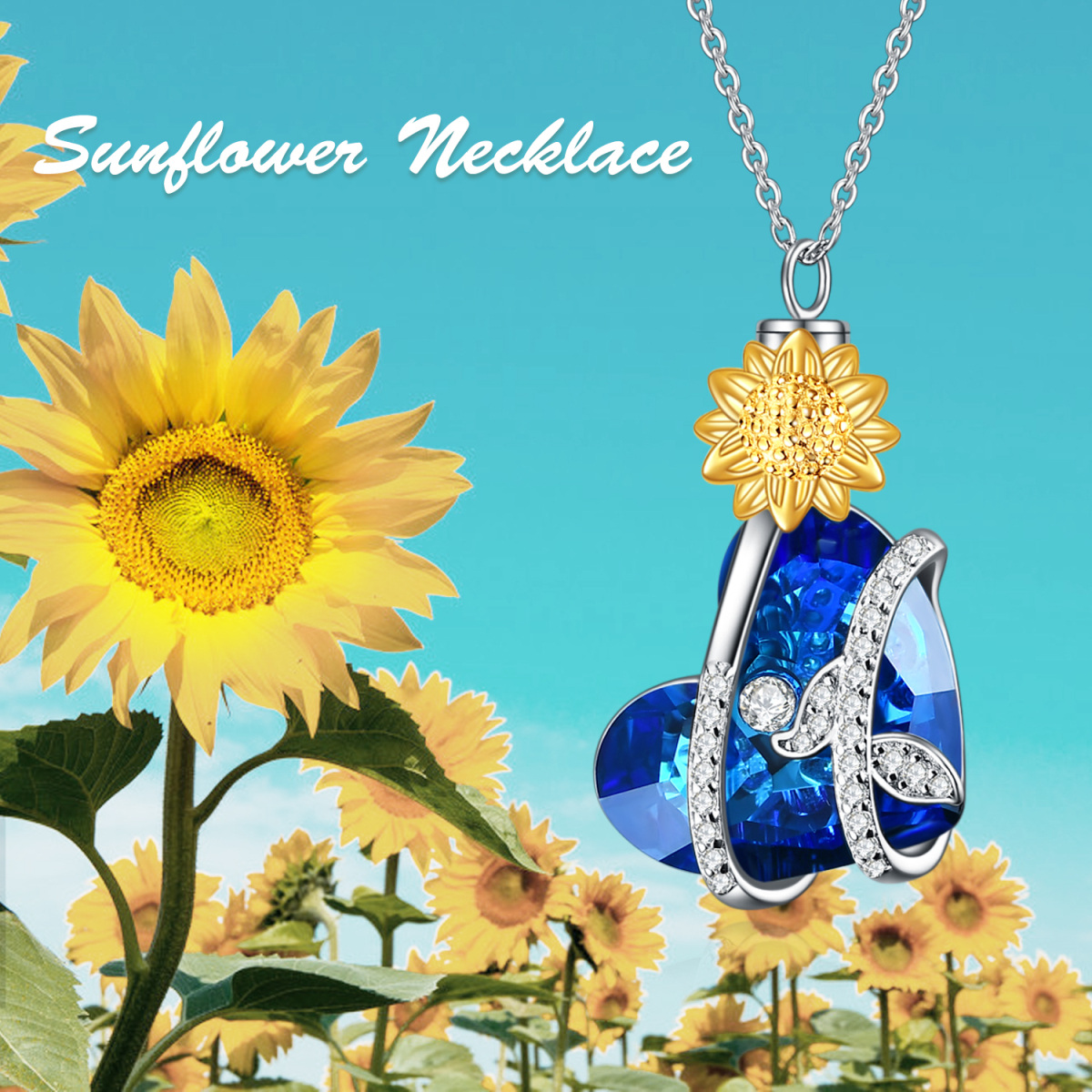 Sterling Silver Two-tone Heart Shaped Crystal Sunflower & Heart Urn Necklace for Ashes-6