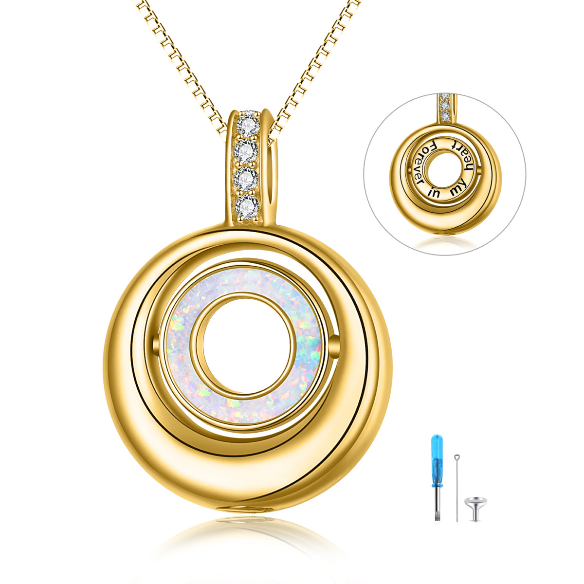 Sterling Silver with Yellow Gold Plated Opal Circle Urn Necklace for Ashes with Engraved Word-1