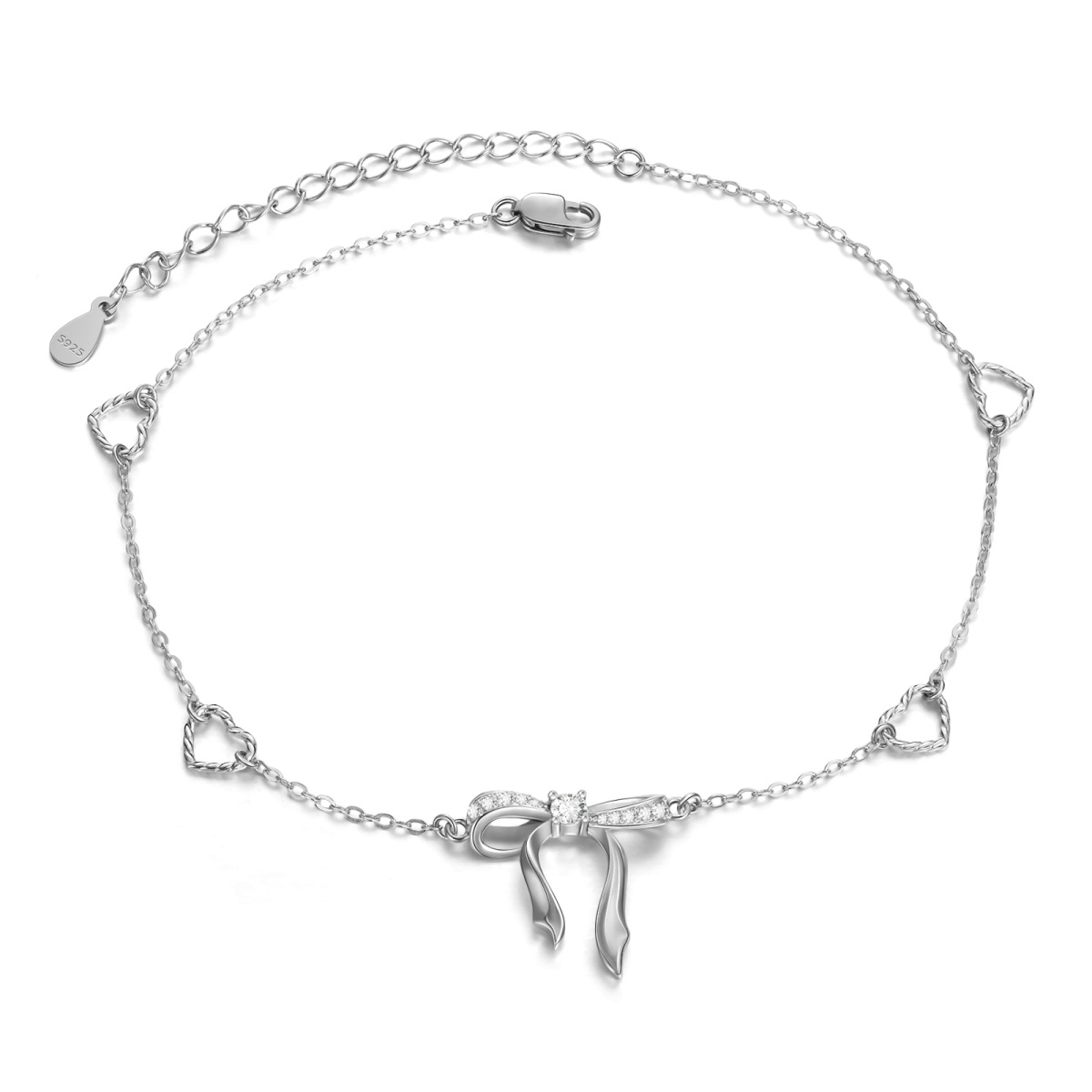 Sterling Silver Cubic Zirconia Bow & Heart Single Layer Anklet-1