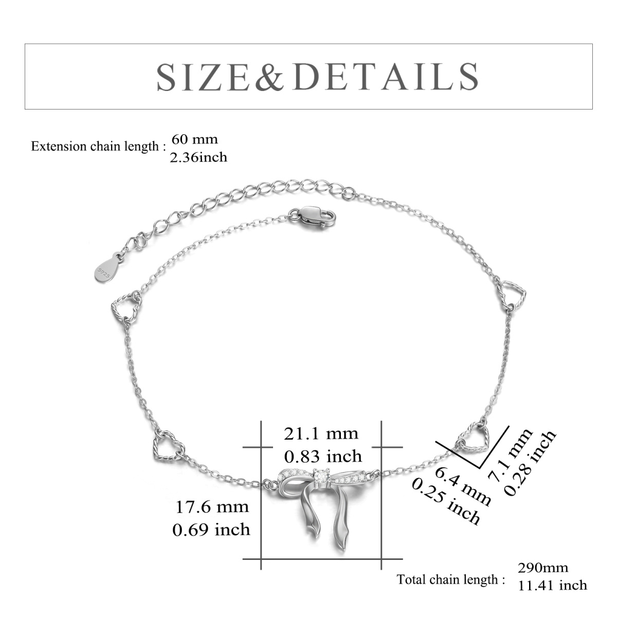 Sterling Silver Circular Shaped Cubic Zirconia Bow & Heart Single Layer Anklet-5