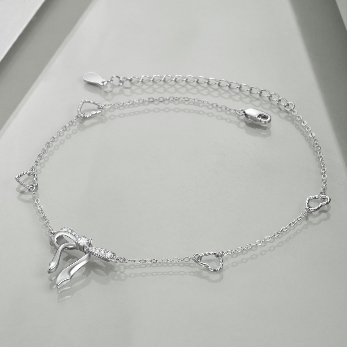 Sterling Silver Circular Shaped Cubic Zirconia Bow & Heart Single Layer Anklet-4