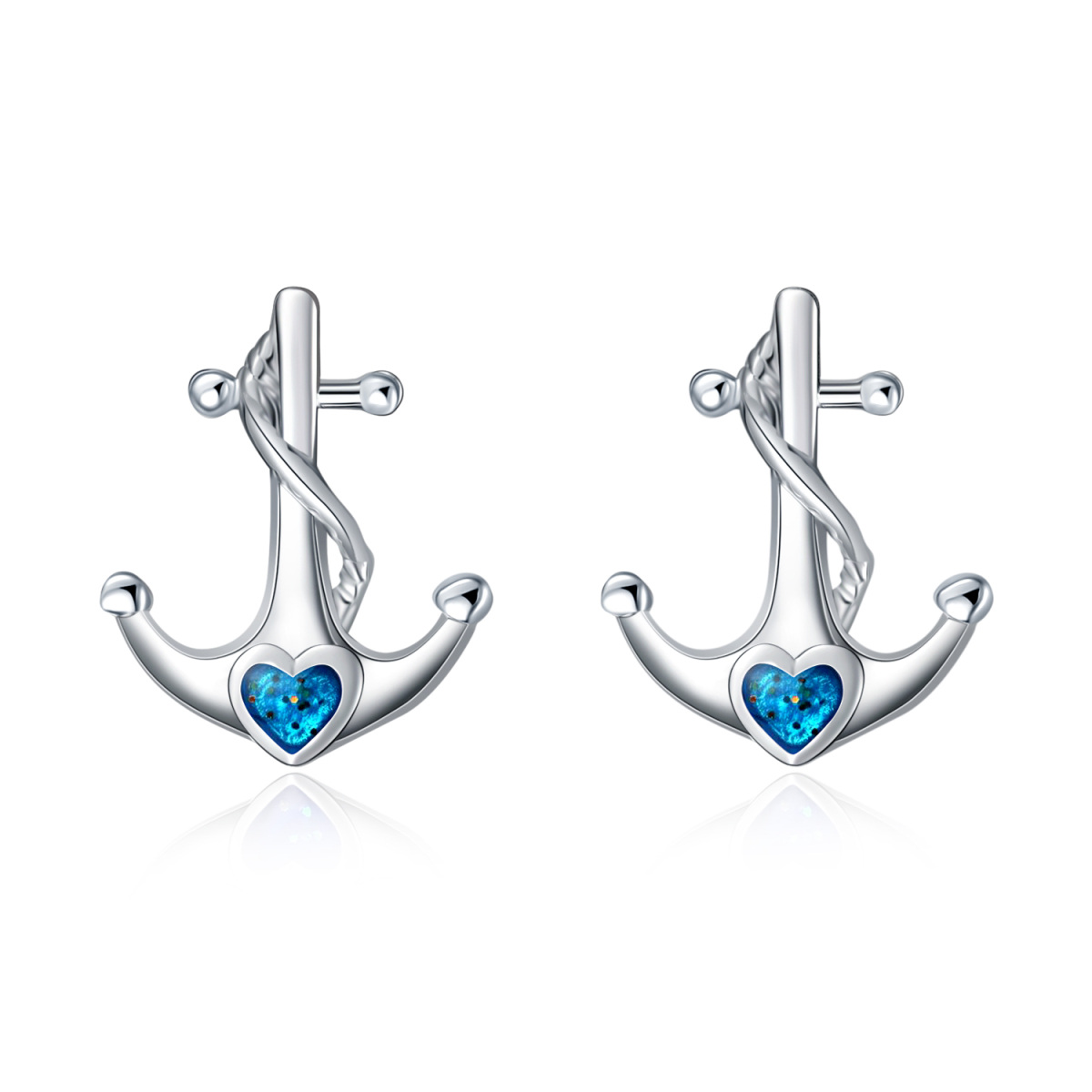 Sterling Silver Heart Shaped Cubic Zirconia Anchor & Heart Stud Earrings-1