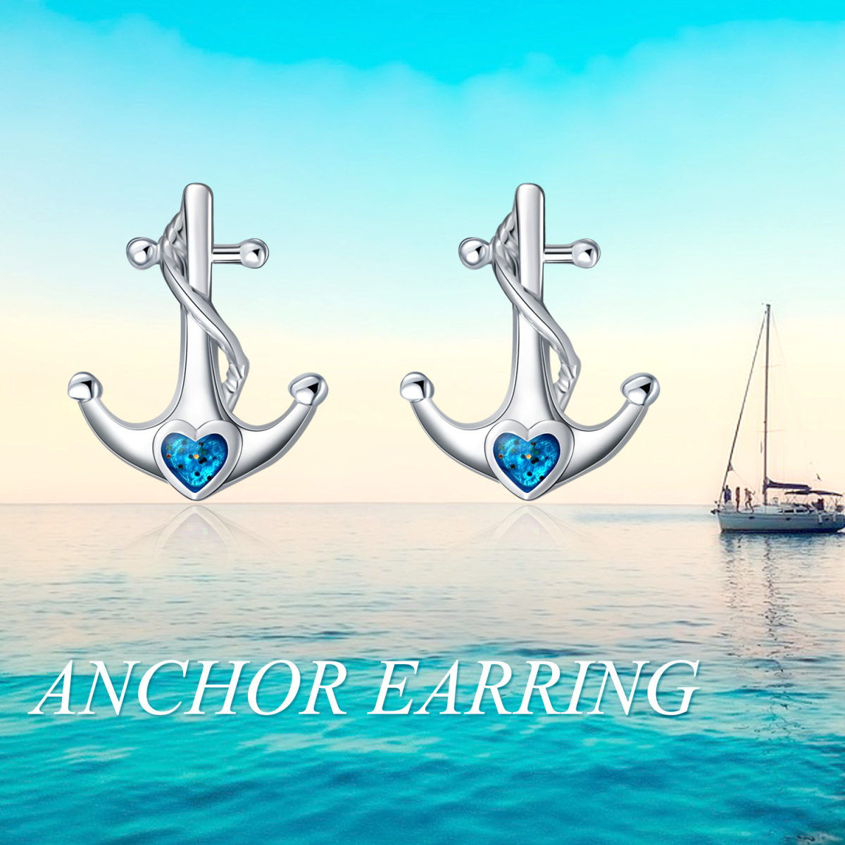 Sterling Silver Heart Shaped Cubic Zirconia Anchor & Heart Stud Earrings-6