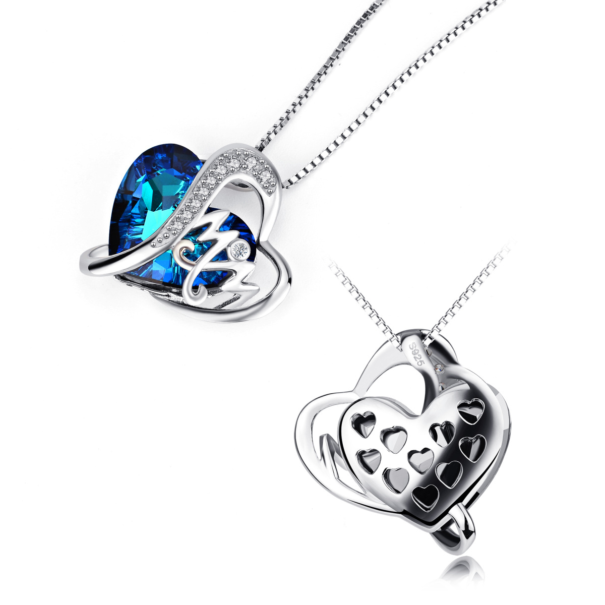 Sterling Silver Heart Shaped Heart Crystal Pendant Necklace with Engraved Word-5