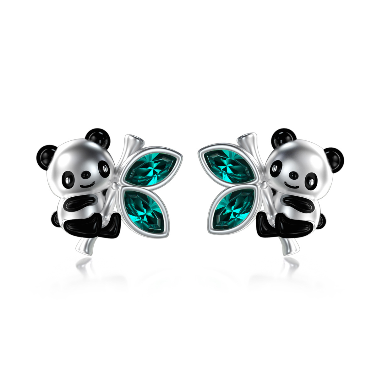 Sterling Silver Marquise Shaped Green Crystal Panda & Bamboo Stud Earrings-1