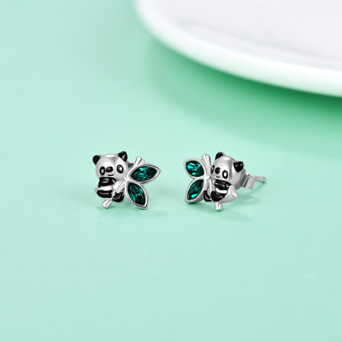 Sterling Silver Marquise Shaped Green Crystal Panda & Bamboo Stud Earrings-3