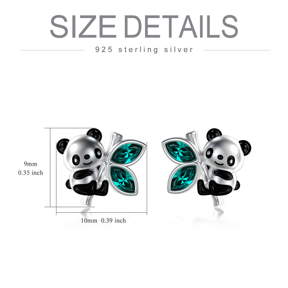 Sterling Silver Marquise Shaped Green Crystal Panda & Bamboo Stud Earrings-5