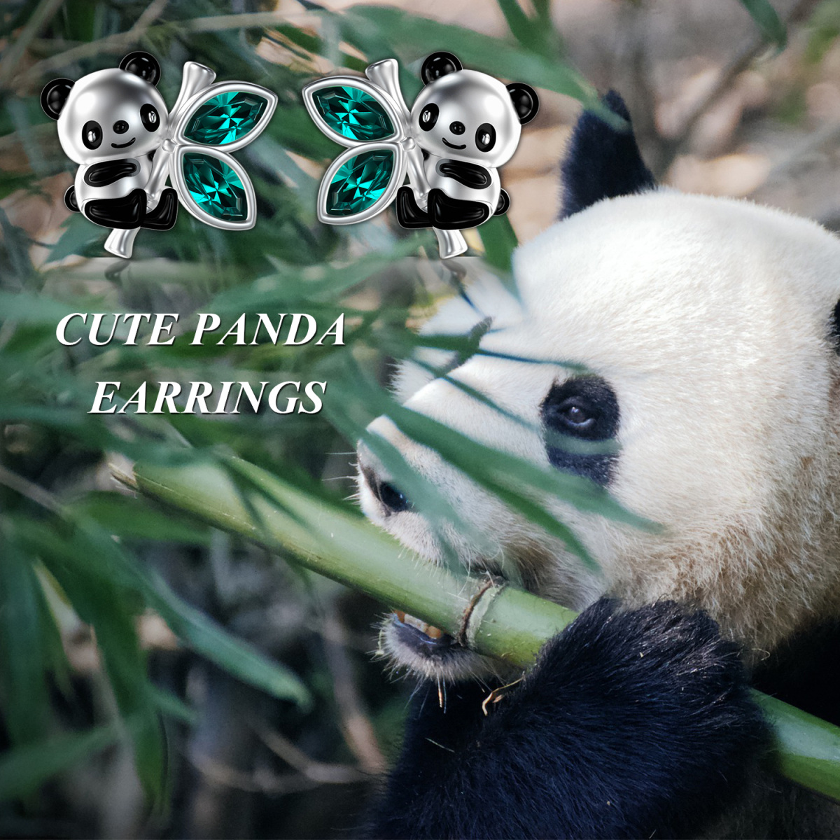 Sterling Silver Marquise Shaped Green Crystal Panda & Bamboo Stud Earrings-6