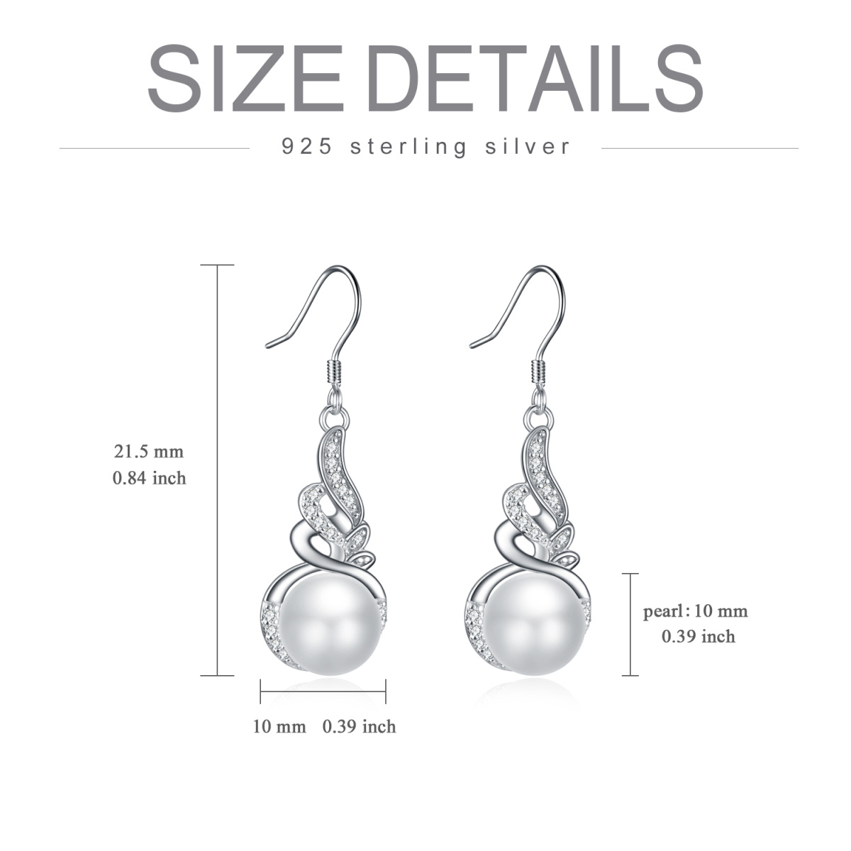 Sterling Silver Circular Shaped Cubic Zirconia & Pearl Angel Wings Drop Earrings-6