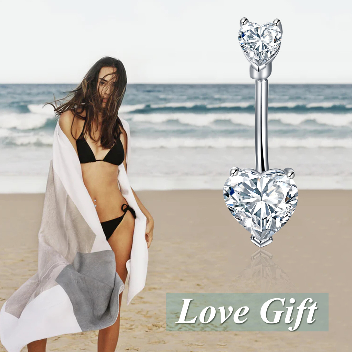 Sterling Silver Heart Shaped Cubic Zirconia Heart Belly Button Ring-6