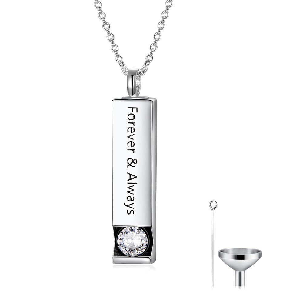 Sterling Silver Circular Shaped Cubic Zirconia Square Urn Necklace for Ashes with Engraved Word-1