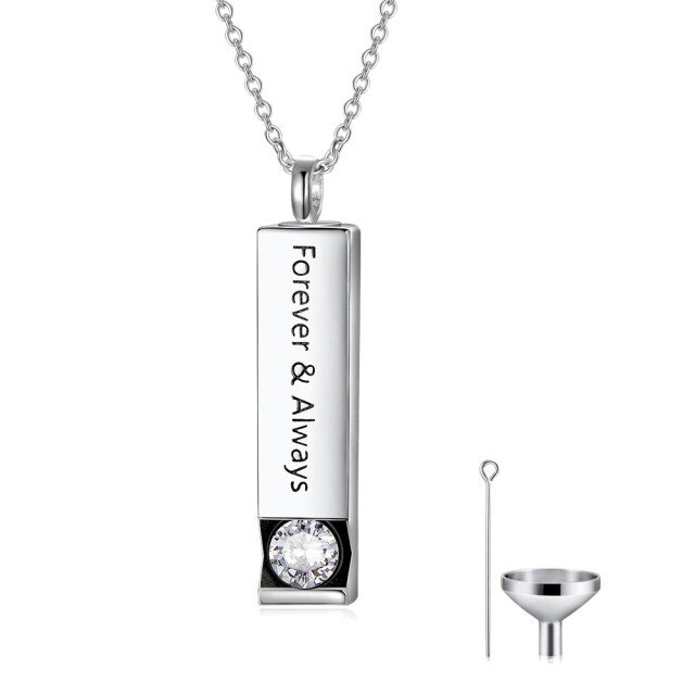 Sterling Silver Circular Shaped Cubic Zirconia Square Urn Necklace for Ashes with Engraved Word-0