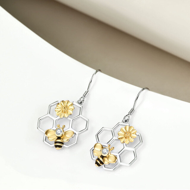 Sterling Silver Tri-tone Round Cubic Zirconia Sunflower Drop Earrings-2
