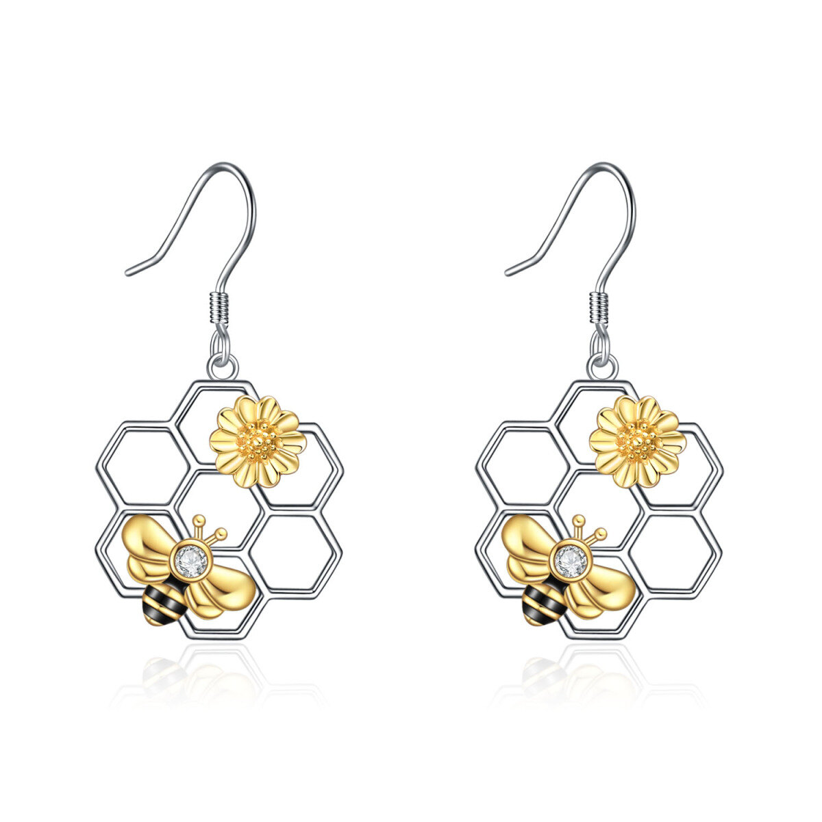 Sterling Silver Tri-tone Round Cubic Zirconia Sunflower Drop Earrings-1