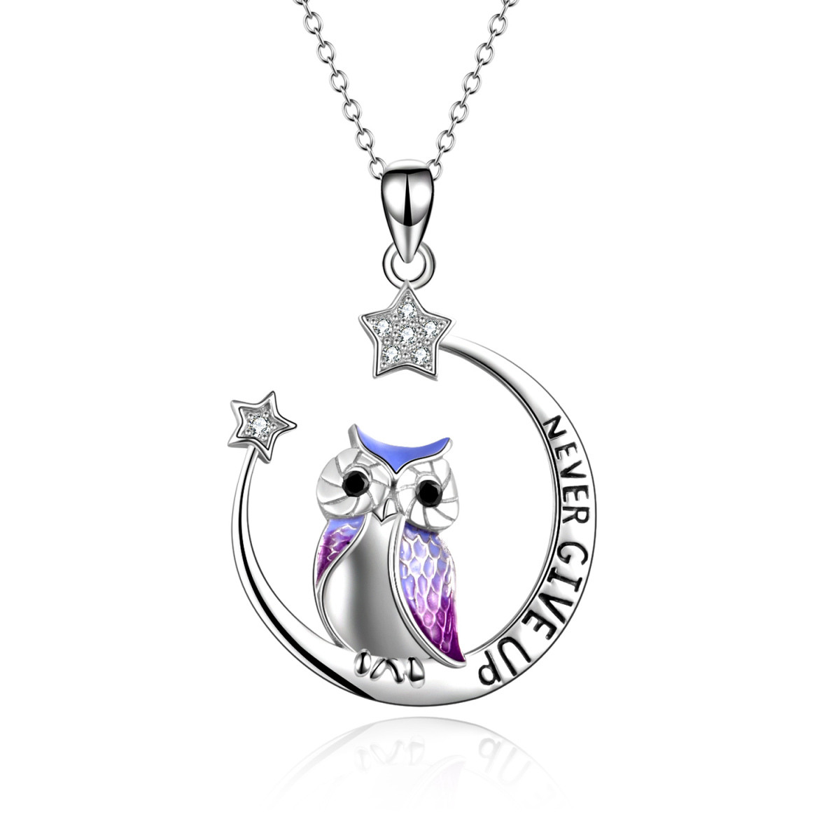 Sterling Silver Cubic Zirconia Owl & Moon Pendant Necklace with Engraved Word-1