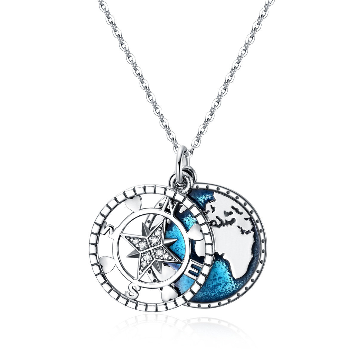 Sterling Silver Cubic Zirconia Compass Pendant Necklace with Engraved Word-1