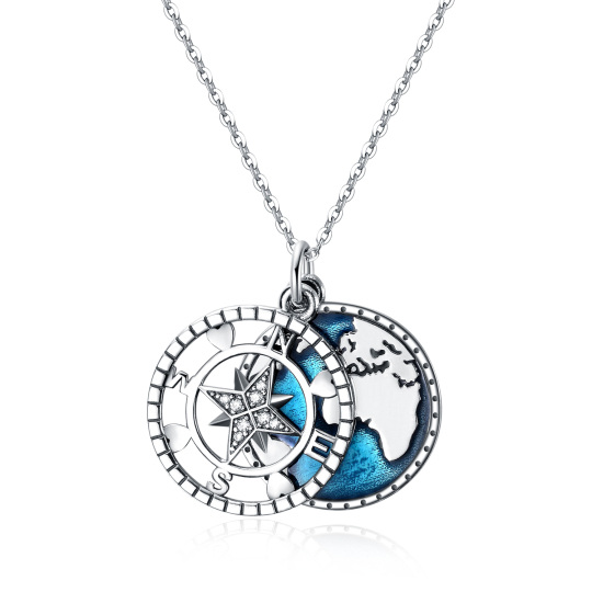 Sterling Silver Cubic Zirconia Compass Pendant Necklace with Engraved Word